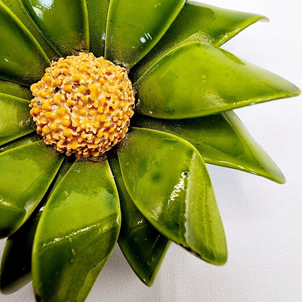 1960s Enamel Flower Power Pin Large Dimensional Green and Yellow MCM Brooch